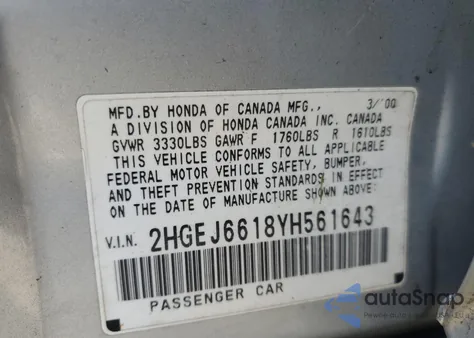 2000 Honda Civic Base from USA, damaged, VIN 2HGEJ6618YH561643